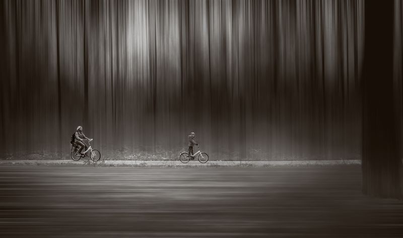 Bike, Bw, Child, Forest, Light, Mother, Road, Trees, Walking walking.. фото превью