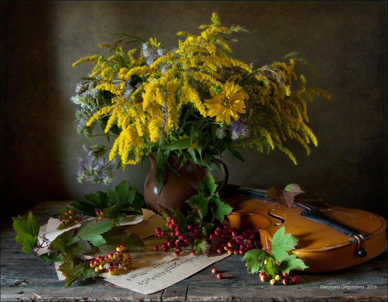 Золотарник, Калина, Мелодия, Музыка, Натюрморт, Ноты, Осень, Скрипка, Eleonora Grigorjeva
