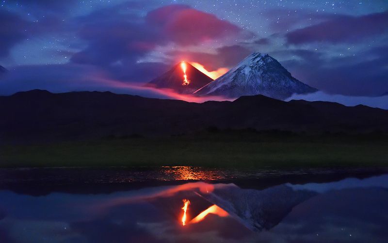 Clouds , stars and volcano