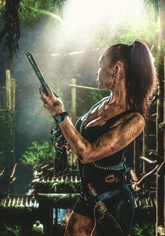Художественная ретушь, джунгли, оружие, портрет Lara Croft фото превью