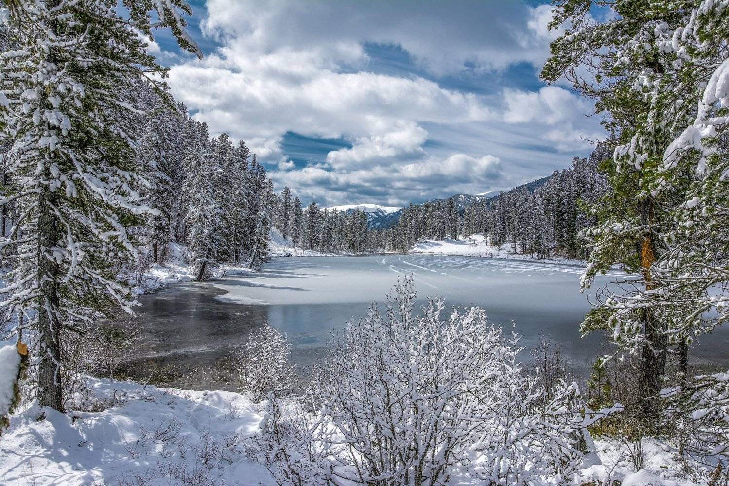 озеро, вода, снег, лёд, небо, облака, горы, весна, деревья, лес, тайга, Алтай, природа, пейзаж, Сергей Ослопов
