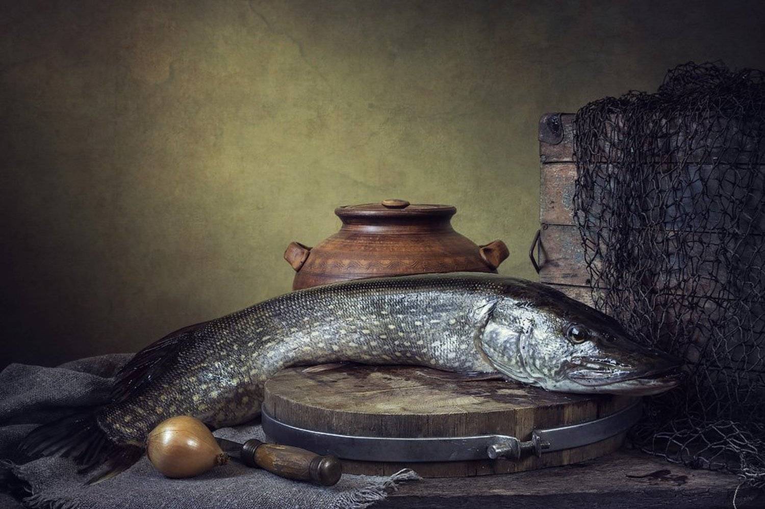 натюрморт, щука, глиняный горшок, луковица,нож, садок, Ирина Приходько