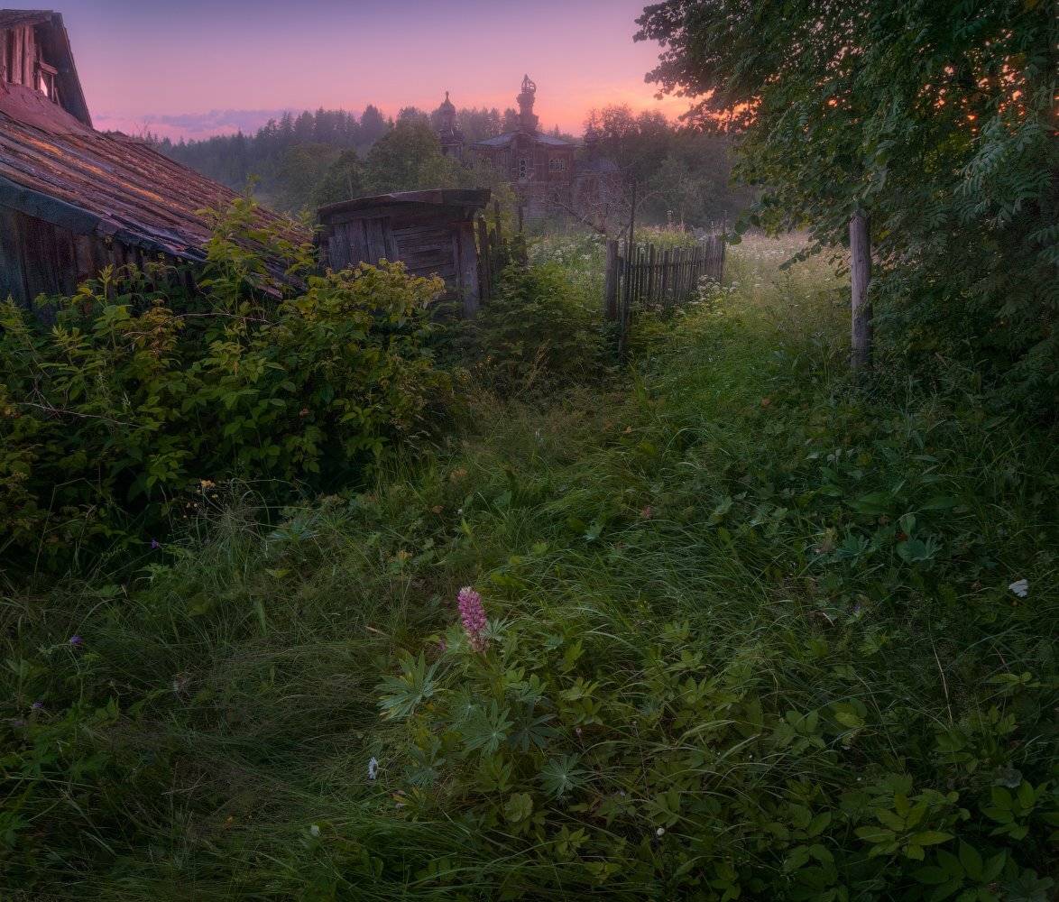 утро, деревня, рассвет, церковь, Cтанислав Малых