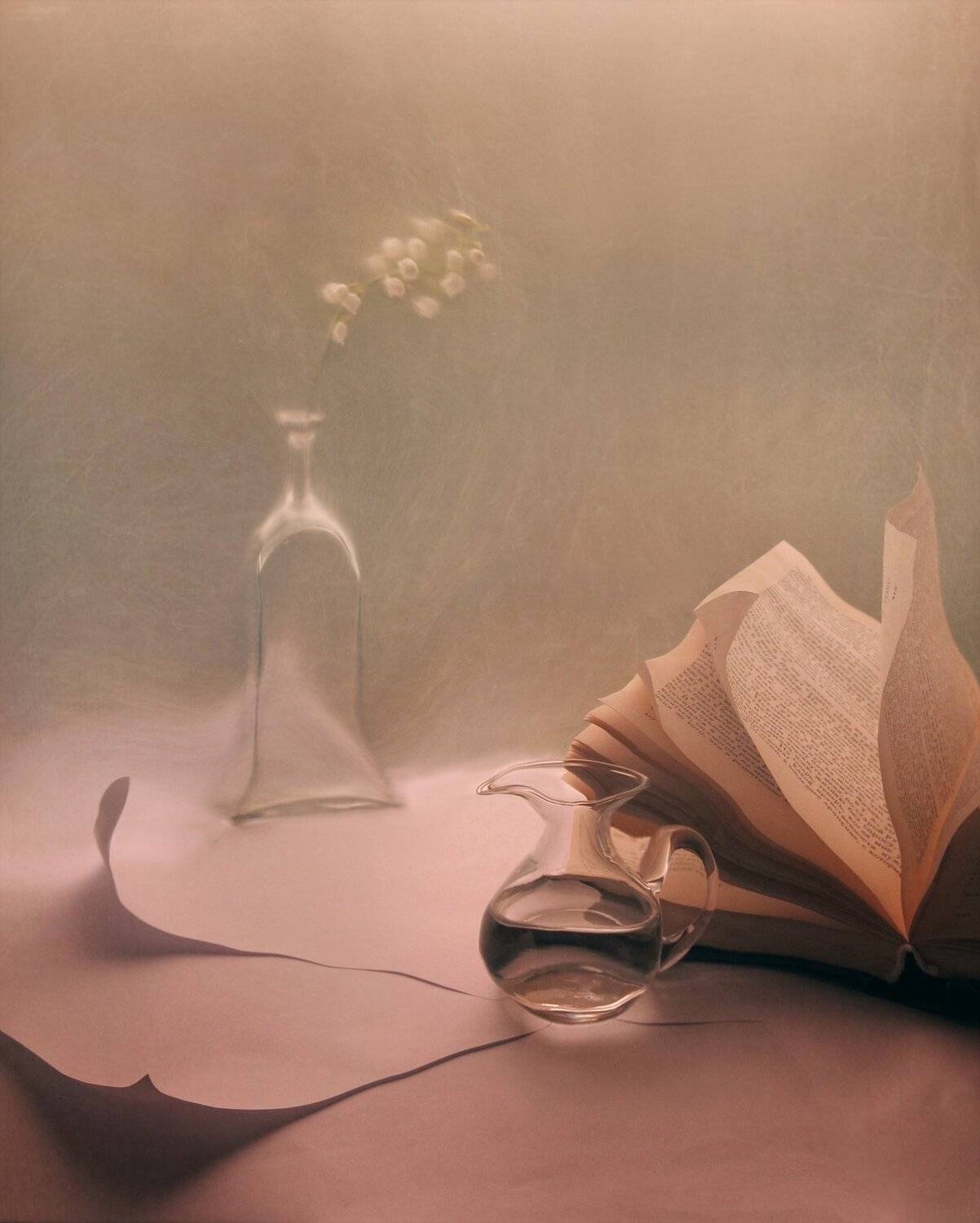 кувшин, вода, книга, бутылка, ландыш, цветок, натюрморт, природа, Елена