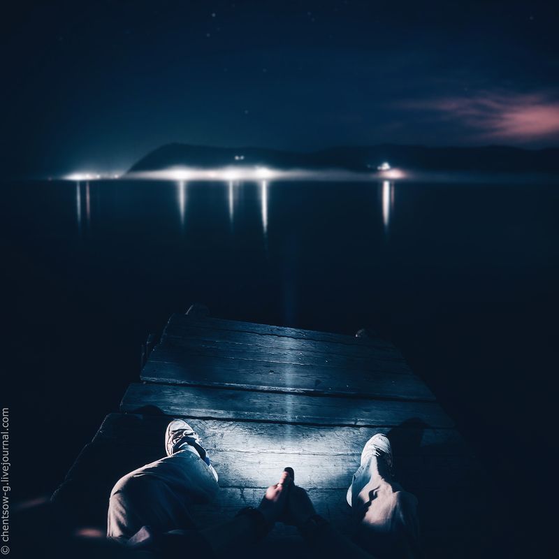 пейзаж, ночь, фонарь, Байкал, Ангара, вода, причал, night, mood, atmosphere, travel, baikal, angara, countryside У туманной Ангары фото превью