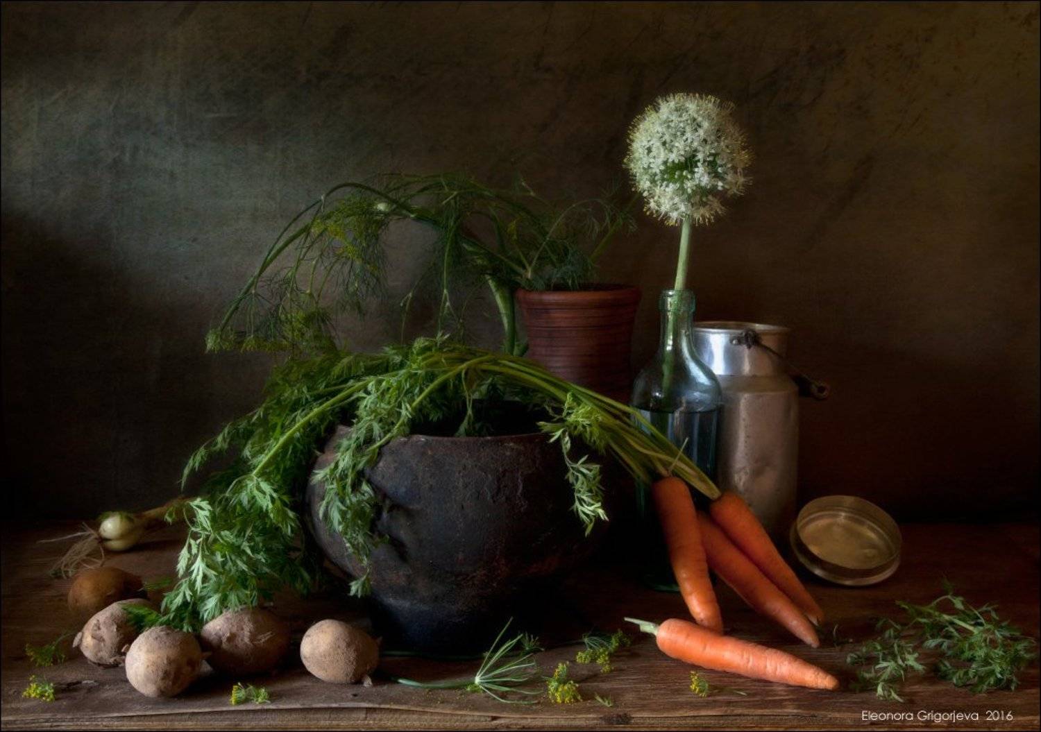 Деревня, Картошка, Кринка, Лук, Морковь, Натюрморт, Овощи, Простые вещи, Чугунок, Eleonora Grigorjeva