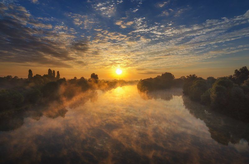 вода, краснодарский край, облака, протока, рассвет, река, туман На рассвете фото превью