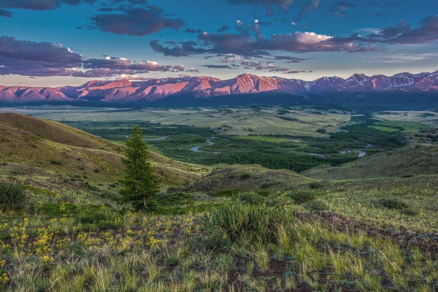 Закат, вечер, лето, горы, небо, облака, река, Алтай, пейзаж, природа, путешествие   , Сергей Ослопов