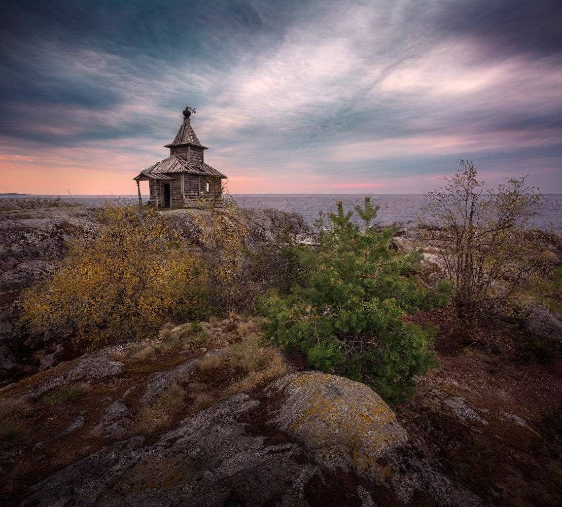 вечер, Ладога, шхеры, вода, камни, скалы, закат, небо, церковь, Есусаарет, Cтанислав Малых