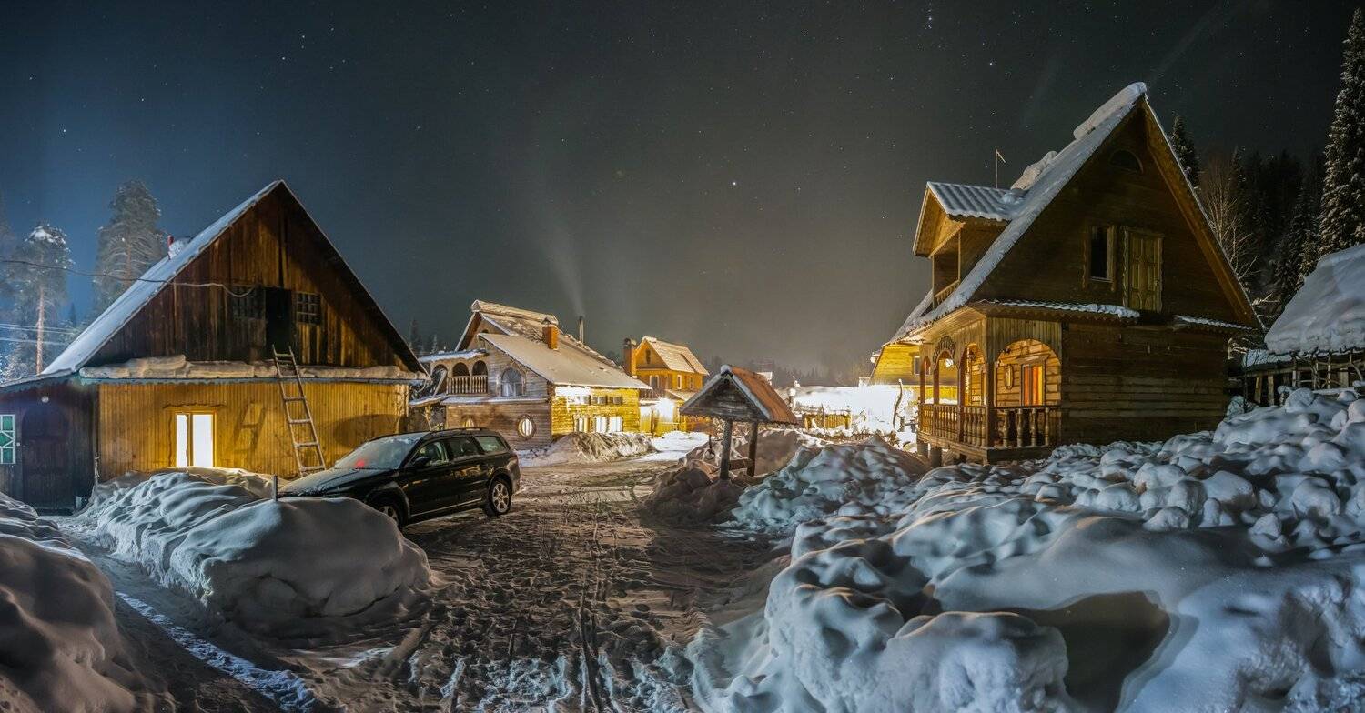 зима, Сибирь, Алтай, снег, ночь, усадьба "Лебедь", путешествие, туризм, небо, звёзды, Сергей Ослопов