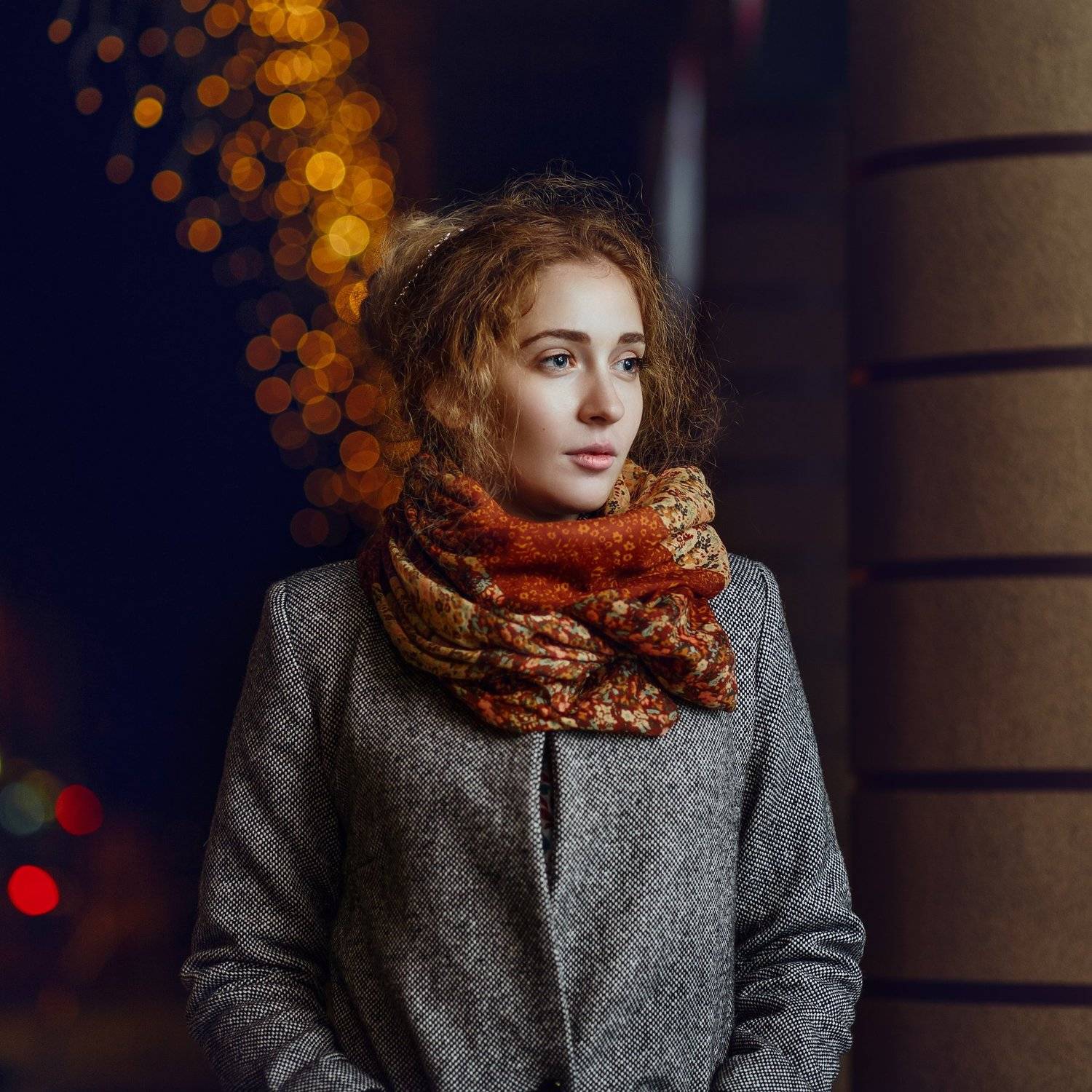 Боке, Вечер, Девушка, Красивый, Ночь, Огоньки, Оранжевый, Осень, Шарф, Марина Кондратова