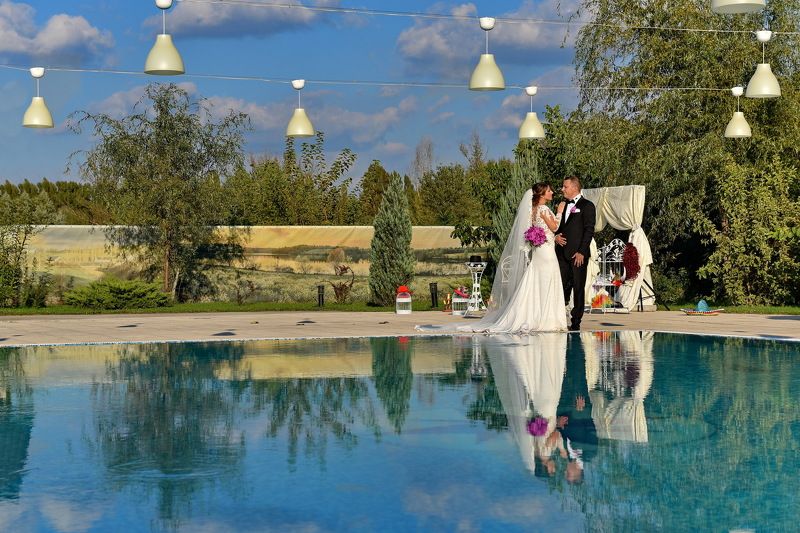 nature, groom, bride, sky, clouds, married, reflection, water wedding Day фото превью