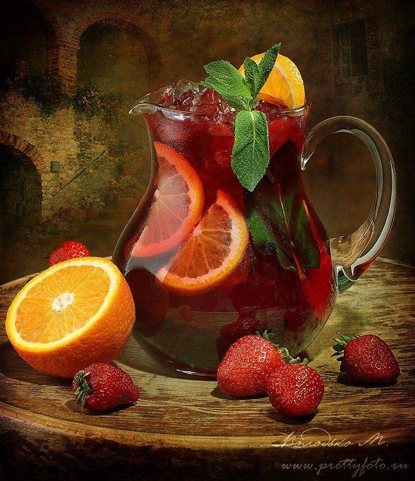сангрия,вино,напиток,пить,фрукт,цитрус,мята,апельсин,клубника,жажда, Марина Володько