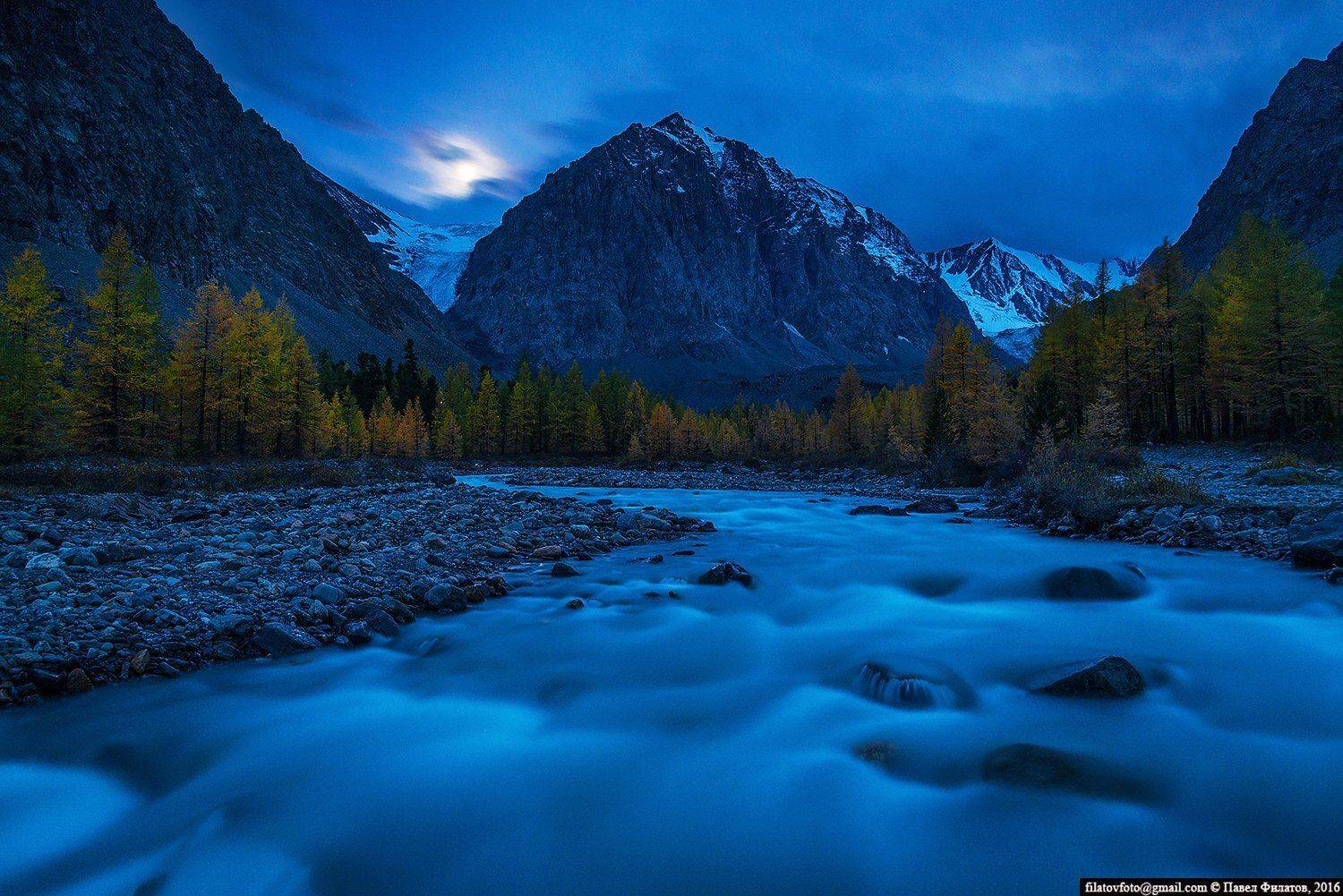 Aktru, Altai, Autumn, Fall, Moon, Siberia, Актру, Алтай, Караташ, Луна, Ночь, Осень, Река, Сибирь, Павел Филатов