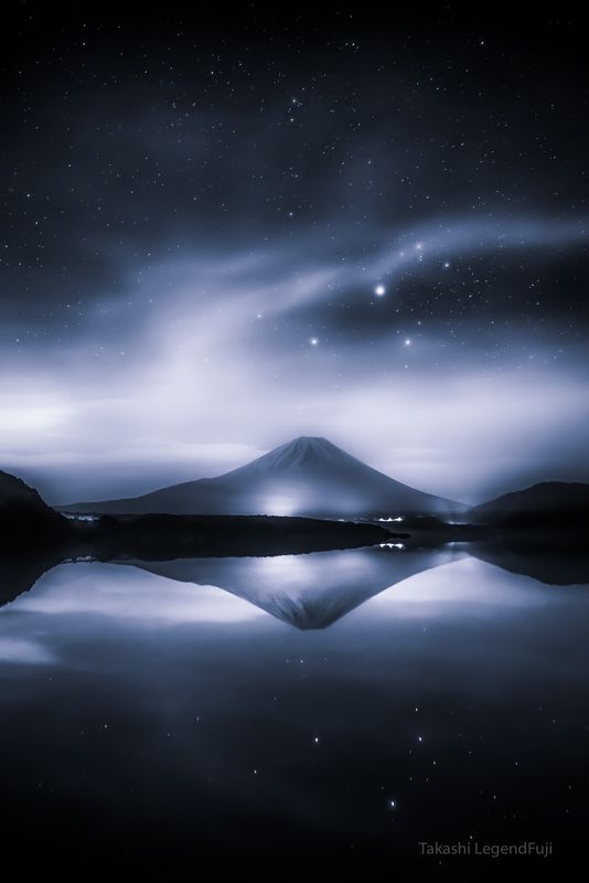 Fuji,mountain,water,lake,cloud,star,night,Japan,landscape,beautiful,amazing,reflection When You Wish Upon a Star (Blue ink version) фото превью