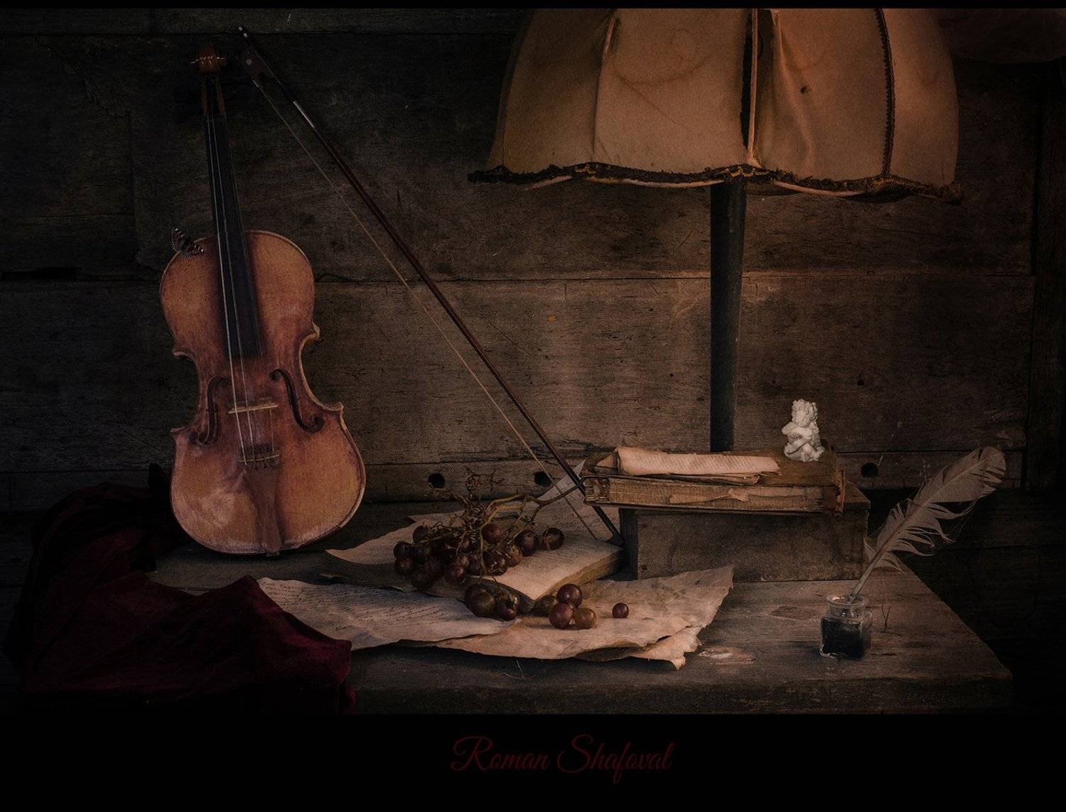 Still life, Виноград, Книга, Лампа, Натюрморт, Роман Шафовал, Скрипка, Роман