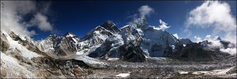 непал, гималаи, трек к бл эвереста, nepal, himalaya, trek to bc everest, эверест, кхумбу, everest, sagarmatha, chomolongma, khumbu glacier, нупцзе, nuptse, pumo ri, lingtren, changtse, lhotse, ama dablam Панорамный вид с вершины Kala Patthar (5550 м). фото превью