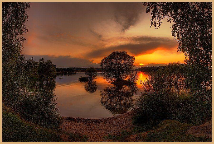 пейзаж, деревья, небо, закат, вода, отражения, Oleg Dmitriev