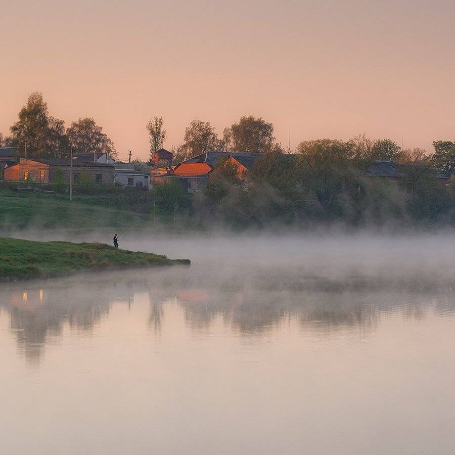утро, туман, село, рыбак, восход, Владимир Костылев