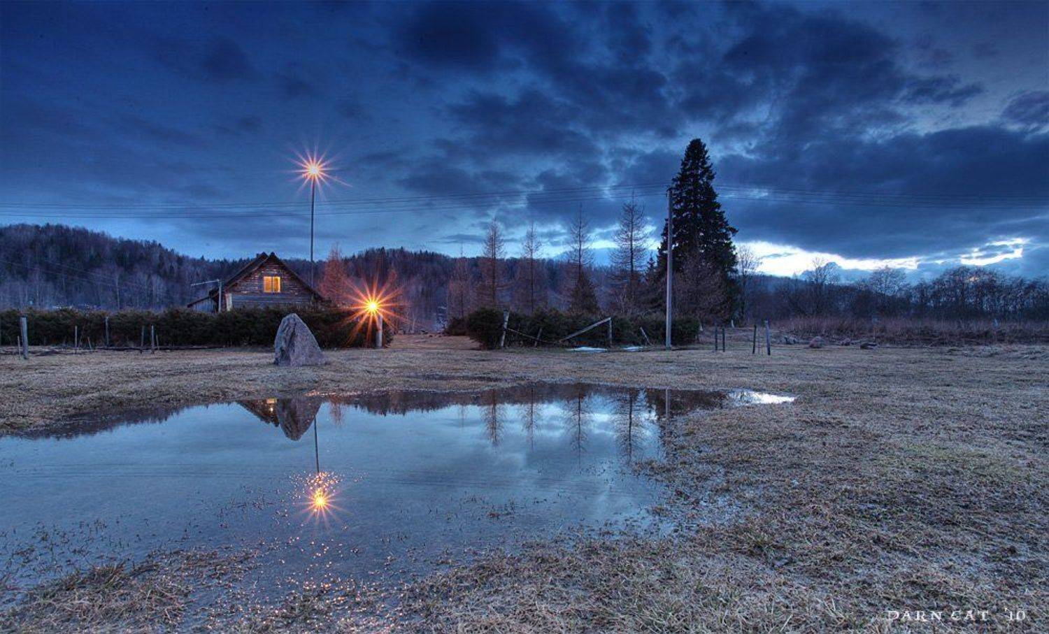 вепсский, край, вечер, дом, фонарь, лужа, камень, дом, Darn Cat