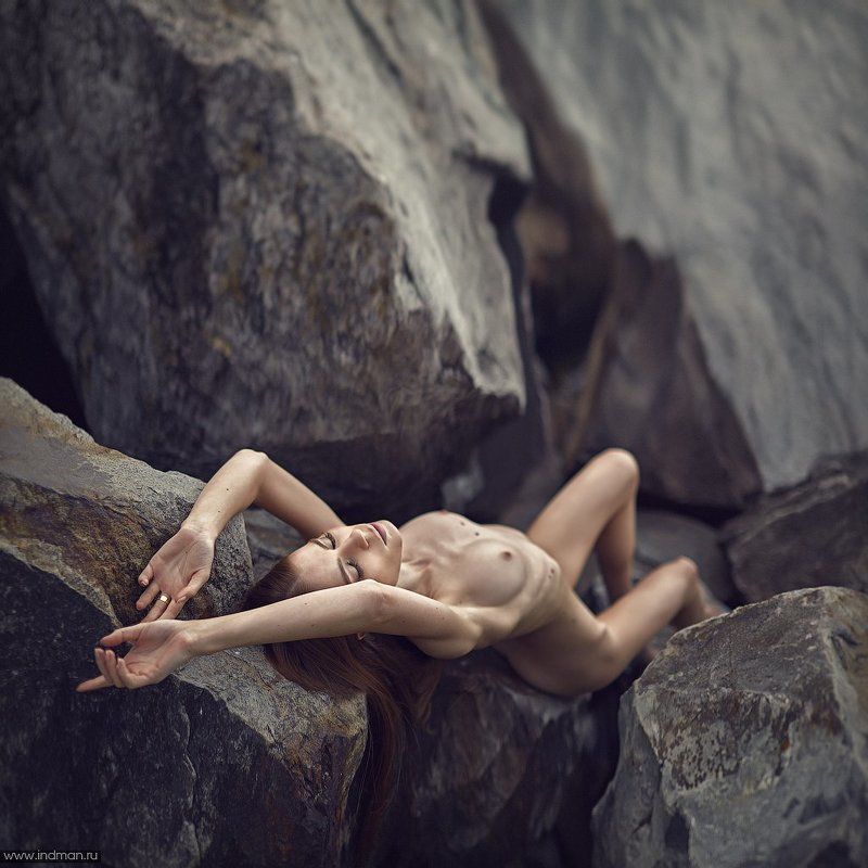 girl, nude, beach, stones, water ... фото превью