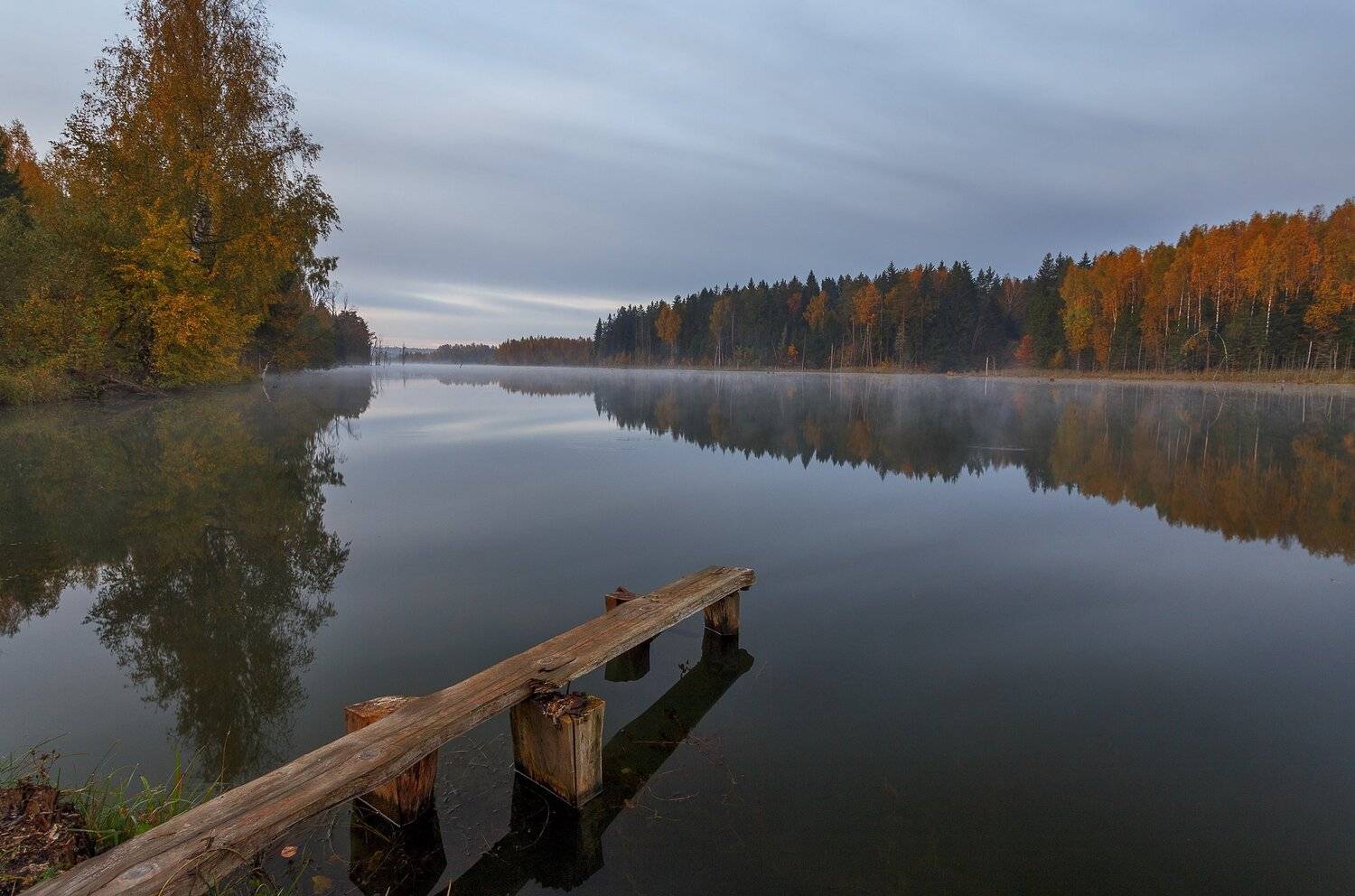 Озеро, осень, лес, утро, вода, облака, Павел Попов