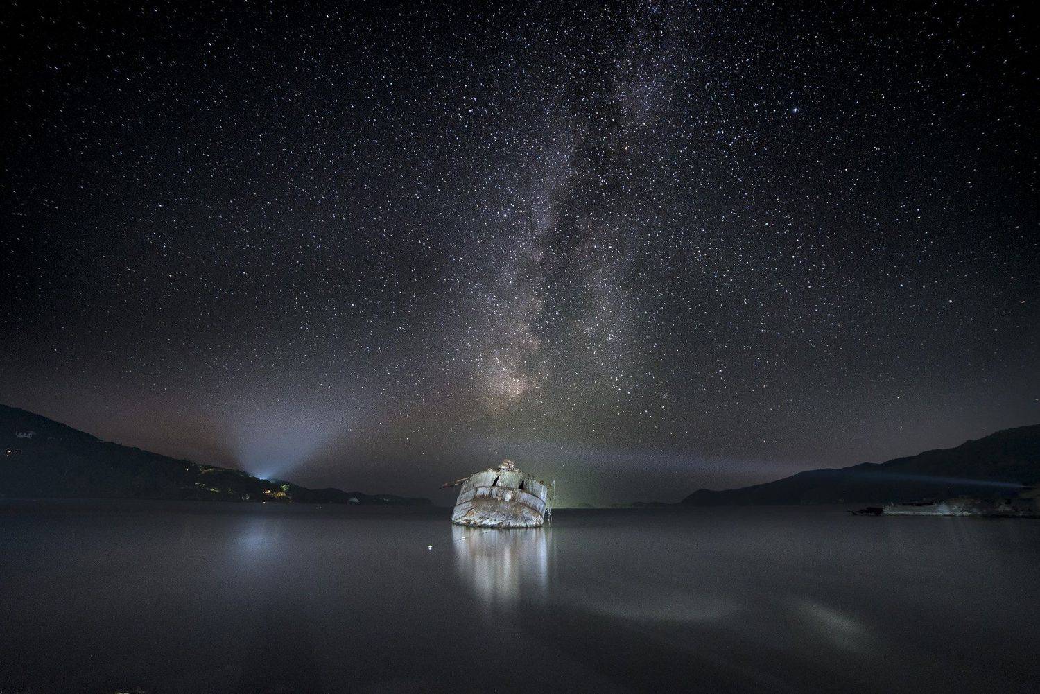 море, ночь, ночное небо, звезды, шхуна, млечный путь, звездное небо, Дмитрий Старостенков