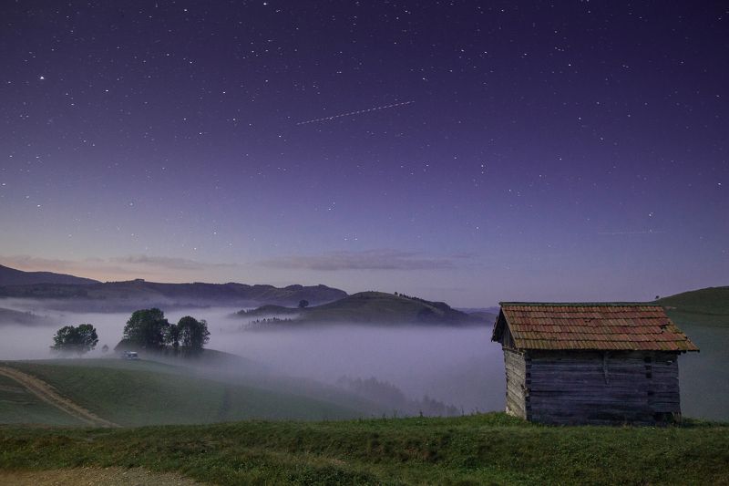night,stars,mist,colors,fog,nature,house Magic night фото превью