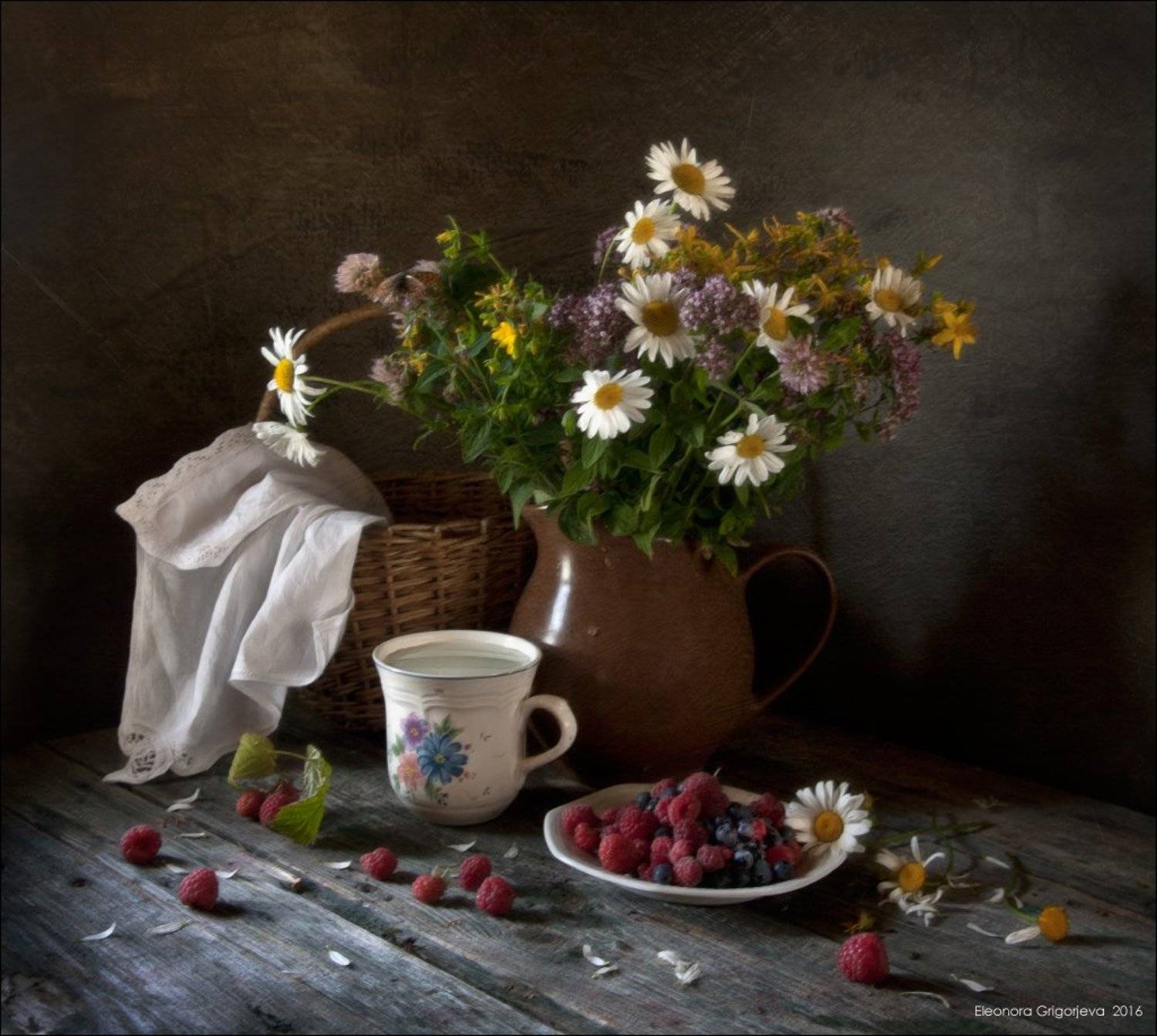 Лето, Малина, Молоко, Натюрморт, Ромашки, Цветы, Ягоды, Eleonora Grigorjeva