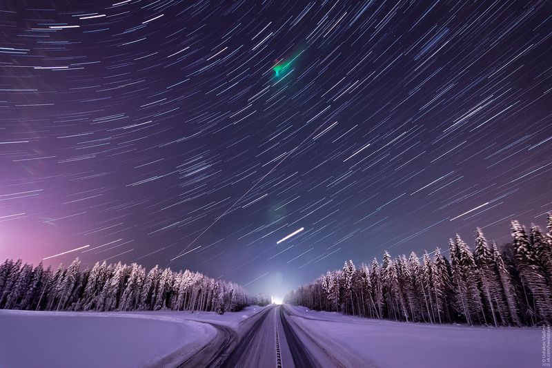 ночь, звездные треки, зима, лес, дорога Зимняя ночь фото превью