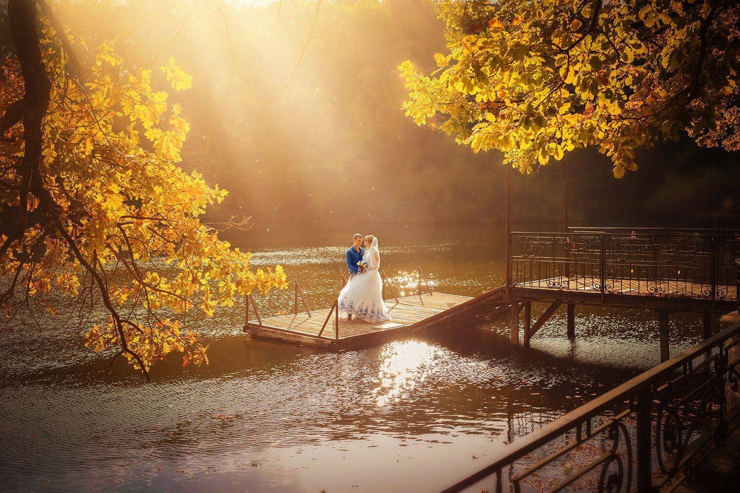 Контровый свет, Молодожены, Мостик, Озеро, Осень, Пруд, Свадьба, Инна Сухова