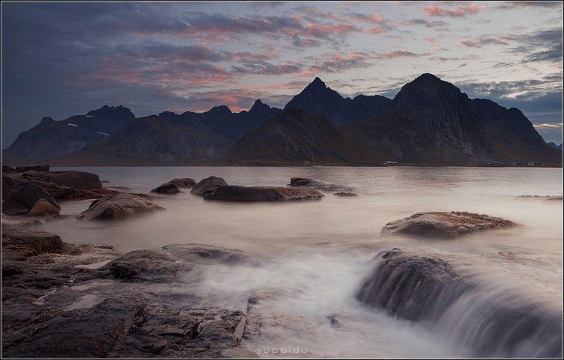 Горы, Лофотены, Норвегия, Облака Закат с видом на горы фото превью