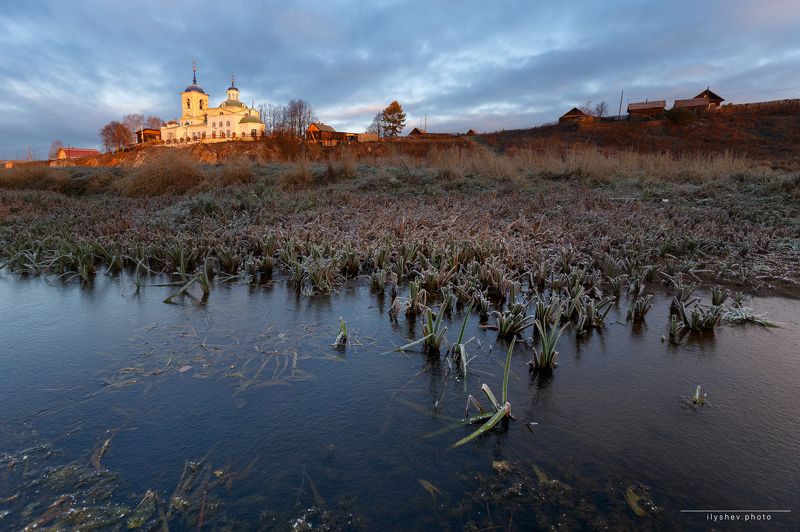 рассвет, урал, первый лед, пейзаж, природа, церковь, россия первый лед фото превью