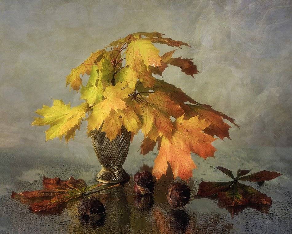 натюрморт, осенние листья, каштаны, мокрое стекло, Ирина Приходько