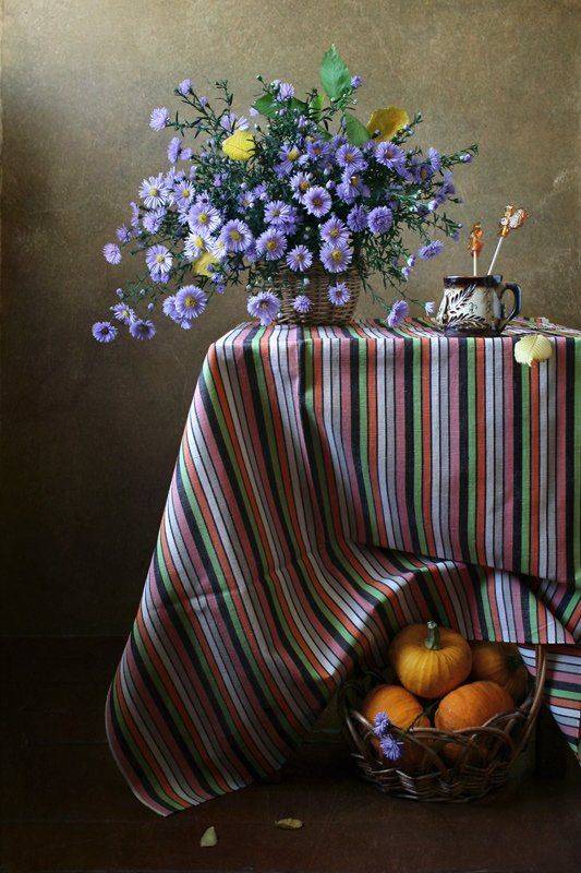 натюрморт, осень, цветы, сентябрины, тыквы, полоски, Курочкина Диана