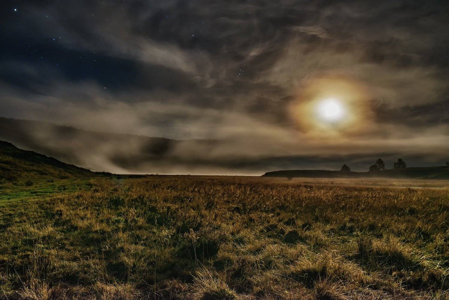 Полная луна, звезды, Алтай, Сибирь, болото, туман, Дмитрий Дубиковский