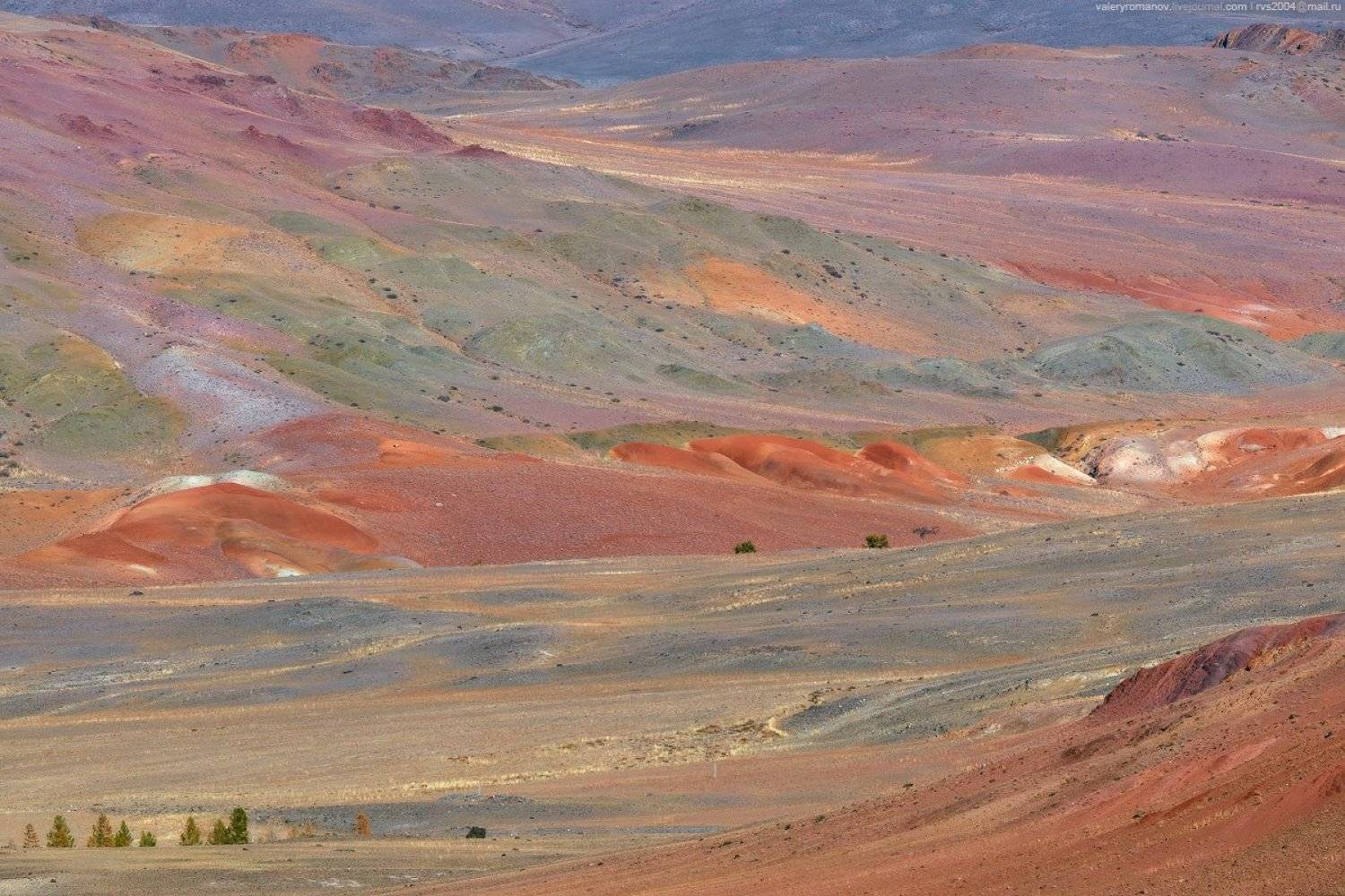 Долина, ручей, Кызыл-Чин, Алтай, марс, краски, красный, зеленый, синий, желтый, деревья, степь, пустыня, горы, Валерий Романов