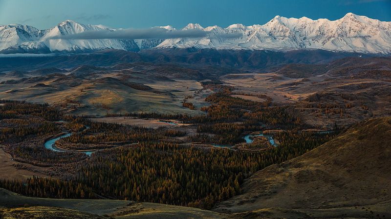 Алтай, осень, Курайская степь, Чуя, Актру, Куркурек, Северо-Чуйский хребет, рассвет, панорама, серия Курайская степь до, во время и после рассвета фото превью