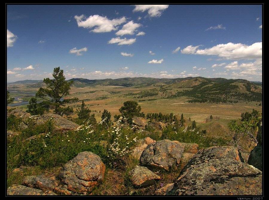 долина, горы, цветы, скалы, река, Игорь Глушко