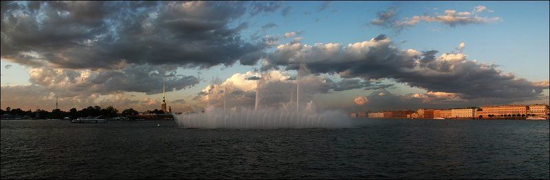 питер, петербург, город, река, нева, стрелка, васильевский, заячий, остров, петропавловская крепость, петропавловка, фонтан, вода, закат, облако, небо, панорама, dyadyavasya Панорама вечернего парадного Петербурга фото превью