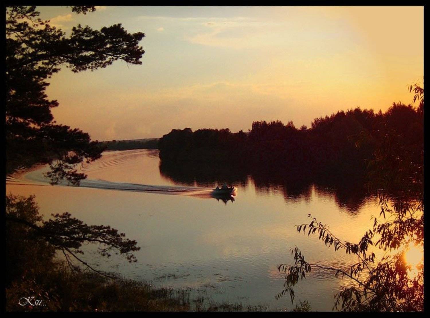 вечер, река, лодка, Ksu