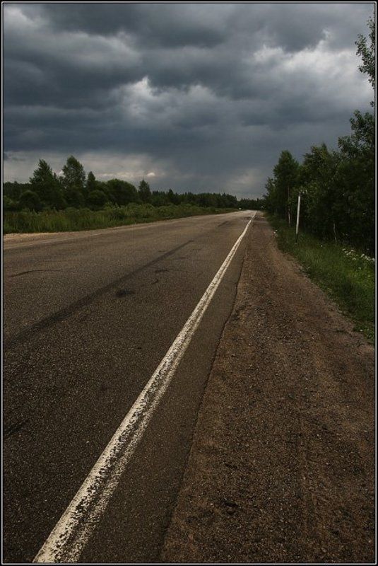 дорога, туча, асфальт, небо, лес, дерево, разметка, dyadyavasya Дорога под тучами фото превью