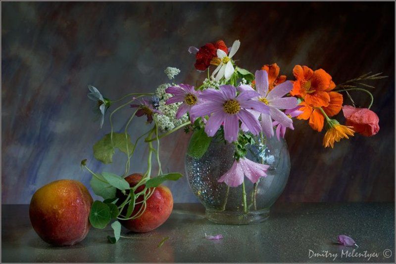 букет цветы персики натюрморт still - life flowers лето summer Цветочно-персиковый фото превью