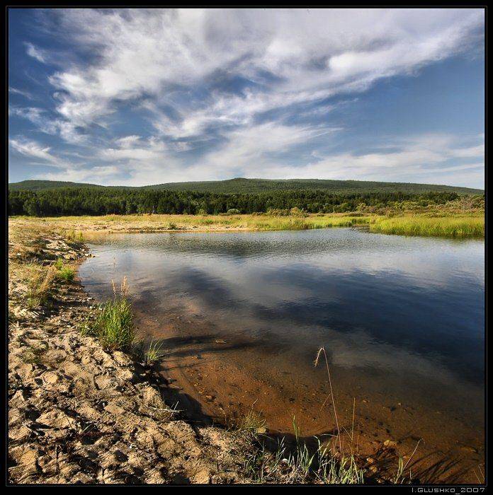 река, небо, берег. облака, лег, горы, Игорь Глушко