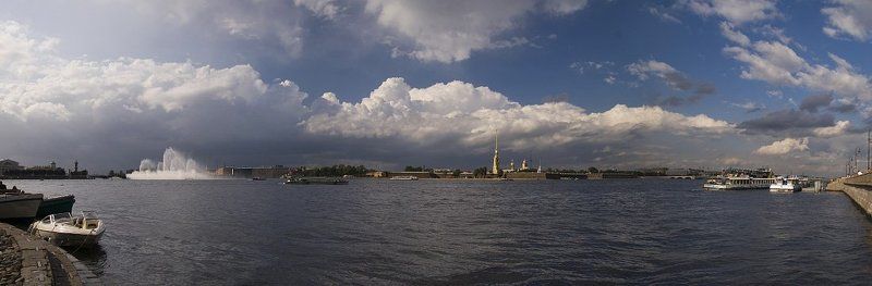 нева, облака, панорама, фонтан, катер Невский простор фото превью