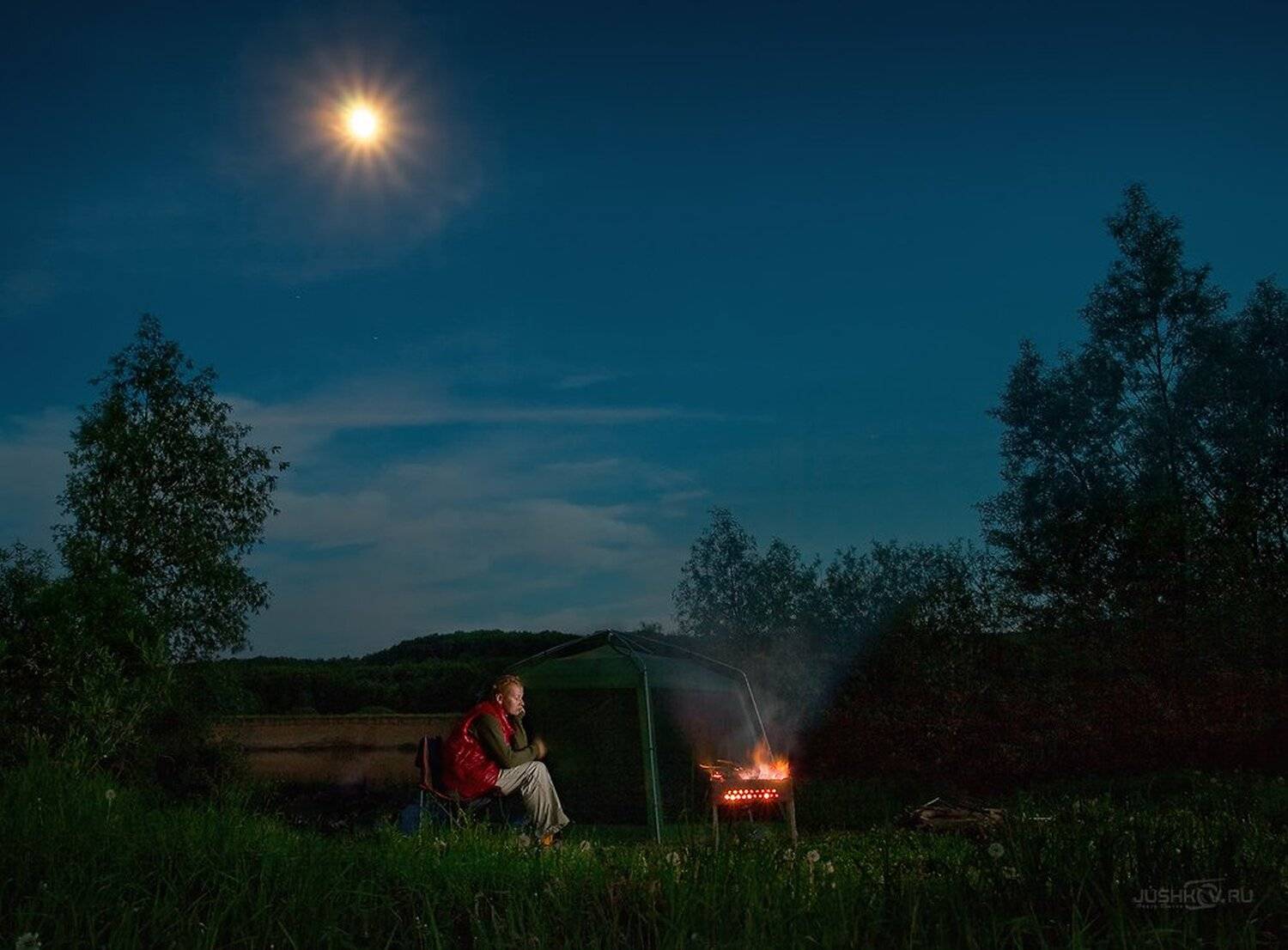 луна, ночь, девушка, костер, Федор Юшков