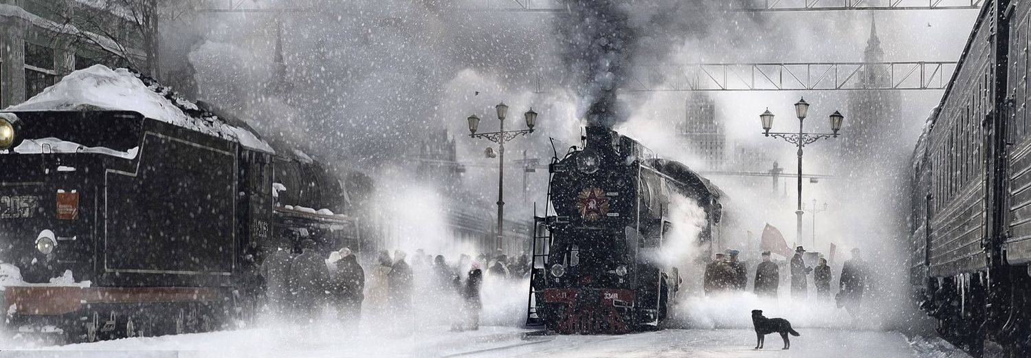 высотки, монорельс, зима, люди, собака, паровоз, Boji