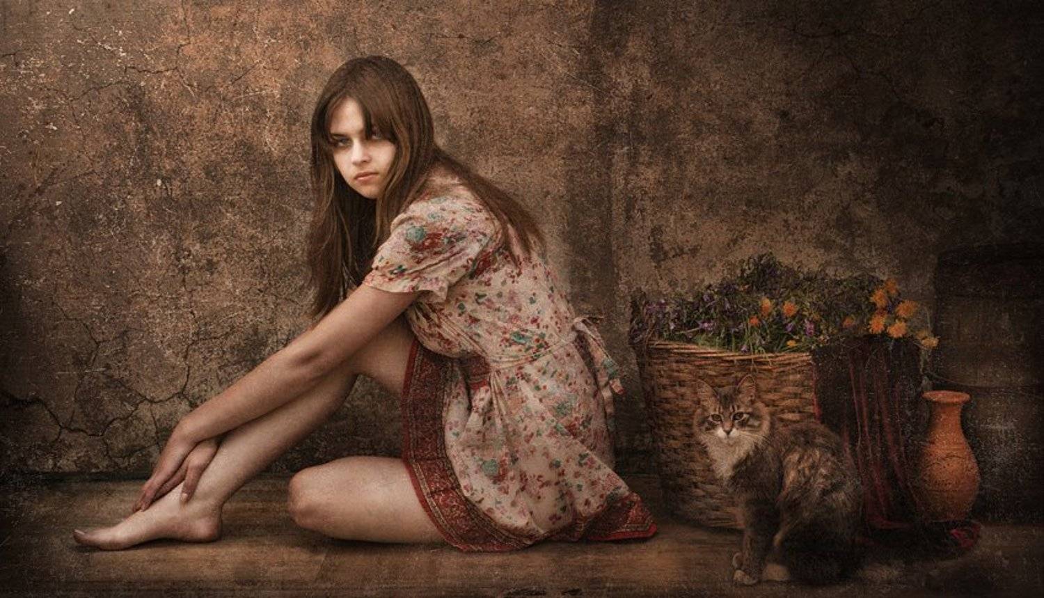 девушка, кошка, портрет, деревня, Роман