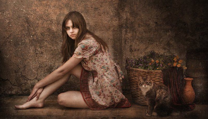 девушка, кошка, портрет, деревня Природный инстинкт... фото превью