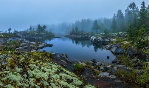 Туманный рассвет на озере в шхерах